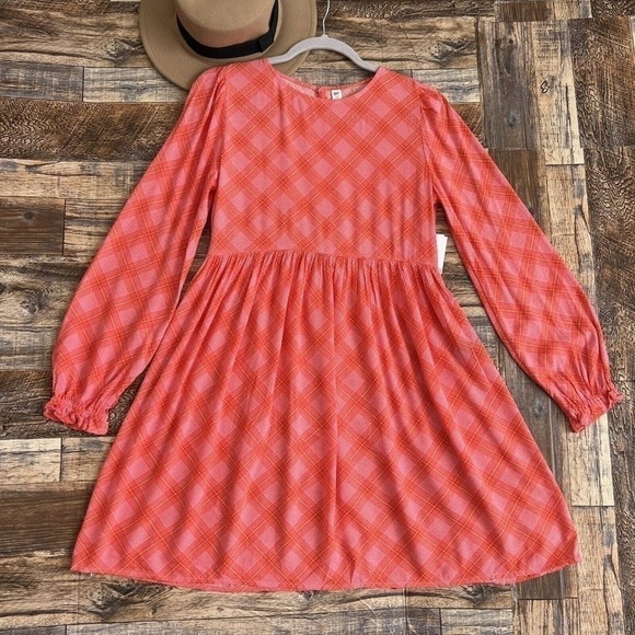 BP Plaid babydoll dress balloon sleeves long sleeves tangerine orange pink NWT - Picture 1 of 11